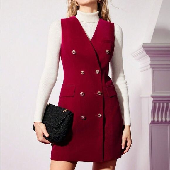 MOTF SLEEVELESS VELVET BLAZER DRESS W/OUT T Burgundy Double-Breasted Dress SZ M - Picture 11 of 14